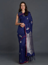 Load image into Gallery viewer, Kala Niketan Navy Blue Silk Blend Solid Banarasi Saree