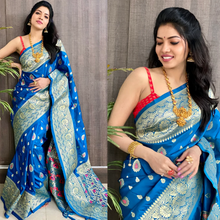 Load image into Gallery viewer, Kala Niketan Blue Smooth Silk Saree With Golden Zari Rich Pallu