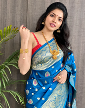 Load image into Gallery viewer, Kala Niketan Blue Smooth Silk Saree With Golden Zari Rich Pallu