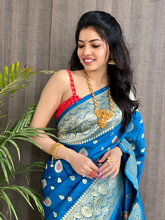 Load image into Gallery viewer, Kala Niketan Blue Smooth Silk Saree With Golden Zari Rich Pallu