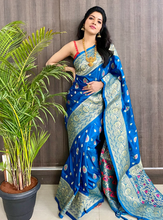 Load image into Gallery viewer, Kala Niketan Blue Smooth Silk Saree With Golden Zari Rich Pallu