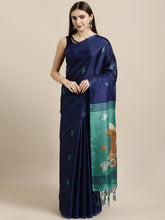 Load image into Gallery viewer, Kala Niketan Navy Blue & Teal Green Art Silk Woven Design Khadi Saree