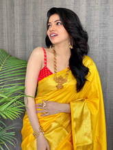 Load image into Gallery viewer, Kala Niketan Yellow Smooth Silk Saree With Golden Zari Border