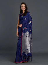 Load image into Gallery viewer, Kala Niketan Navy Blue Silk Blend Solid Banarasi Saree