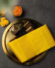 Load image into Gallery viewer, Kala Niketan Yellow-Black Pure Soft Kanchi Silk Saree With Attached Blouse