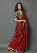 Load image into Gallery viewer, Kala Niketan Wine Handloom Cotton Border Saree with Kalamkari Blouse