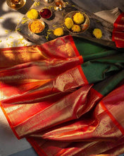 Load image into Gallery viewer, Kala Niketan New SOFT SILK FLORAL BROCADE GREEN SAREE WITH RED BLOUSE
