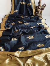 Load image into Gallery viewer, Kala Niketan Traditional Black Soft Silk Sari With Attached Blouse