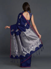 Load image into Gallery viewer, Kala Niketan Navy Blue Silk Blend Solid Banarasi Saree