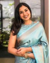 Load image into Gallery viewer, Heavenly Sky Color Soft Banarasi Silk Saree With Glamorous Blouse Piece