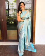 Load image into Gallery viewer, Heavenly Sky Color Soft Banarasi Silk Saree With Glamorous Blouse Piece