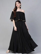 Load image into Gallery viewer, Black & Golden Foil Printed Detail Off-Shoulder Layered Maxi Dress