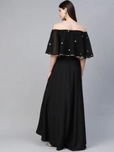Load image into Gallery viewer, Black & Golden Foil Printed Detail Off-Shoulder Layered Maxi Dress