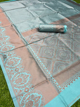 Load image into Gallery viewer, Heavenly Sky Color Soft Banarasi Silk Saree With Glamorous Blouse Piece