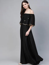 Load image into Gallery viewer, Black & Golden Foil Printed Detail Off-Shoulder Layered Maxi Dress