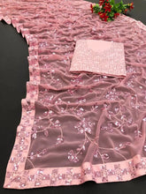 Load image into Gallery viewer, Bollywood Style Wedding Wear Embroidery And Sequence Worked Georgette Saree With Beautiful Lace And Sequence Worked Blouse - 6 COLOURS Available