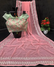 Load image into Gallery viewer, Bollywood Women's Sequined Embroidered Georgette Fancy Saree With Blouse Piece