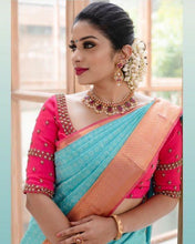 Load image into Gallery viewer, Kala Niketan Blue Silk Archaic Traditional Kanchi Soft Silk Sari With Attached Blouse