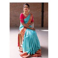 Load image into Gallery viewer, Kala Niketan Blue Silk Archaic Traditional Kanchi Soft Silk Sari With Attached Blouse