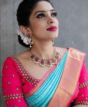 Load image into Gallery viewer, Kala Niketan Blue Silk Archaic Traditional Kanchi Soft Silk Sari With Attached Blouse