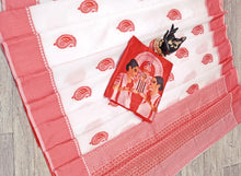 Load image into Gallery viewer, White Red Archaic Traditional Kanchi Soft Silk Sari With Attached Blouse