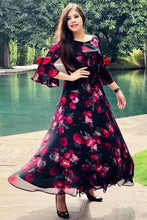 Load image into Gallery viewer, Black Flower Printed Georgette Anarkali Gown (S To 6XL Size Available)