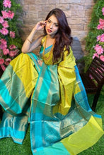 Load image into Gallery viewer, Kala Niketan Beautiful Yellow And Rama Color Lichi Silk Saree - Rich Pallu & Contrast Border Saree