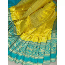 Load image into Gallery viewer, Kala Niketan Beautiful Yellow And Rama Color Lichi Silk Saree - Rich Pallu & Contrast Border Saree