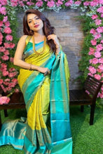 Load image into Gallery viewer, Kala Niketan Beautiful Yellow And Rama Color Lichi Silk Saree - Rich Pallu & Contrast Border Saree