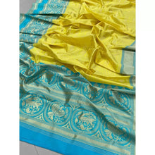 Load image into Gallery viewer, Kala Niketan Beautiful Yellow And Rama Color Lichi Silk Saree - Rich Pallu & Contrast Border Saree
