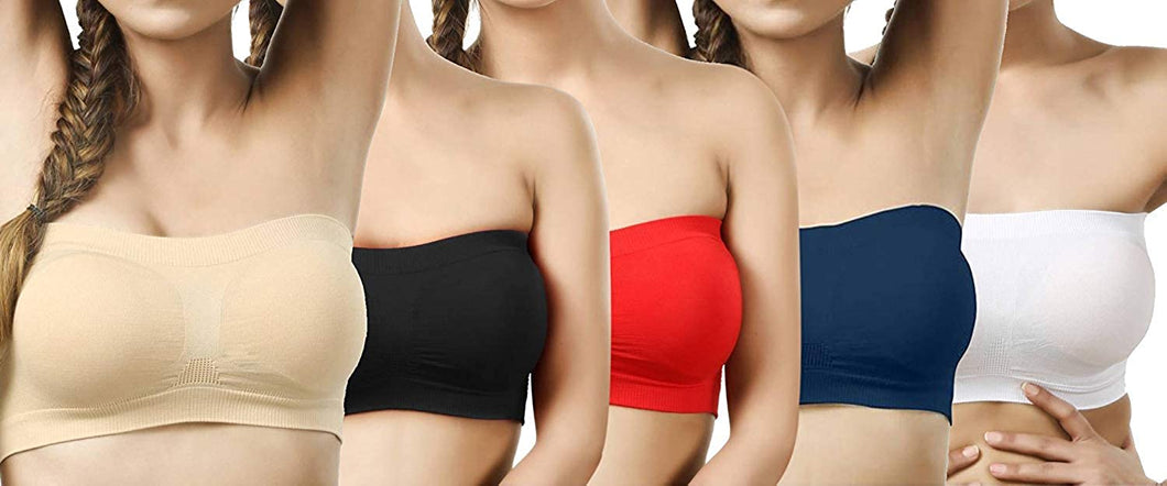 Tube Bra, Strapless, Non Padded and Non-Wired Seamless Tube Bra For Women & Girls, Free Size (Size 28 to 36) – Pack of 5