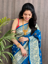 Load image into Gallery viewer, Kala Niketan Blue Smooth Silk Saree With Golden Zari Rich Pallu

