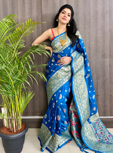 Load image into Gallery viewer, Kala Niketan Blue Smooth Silk Saree With Golden Zari Rich Pallu
