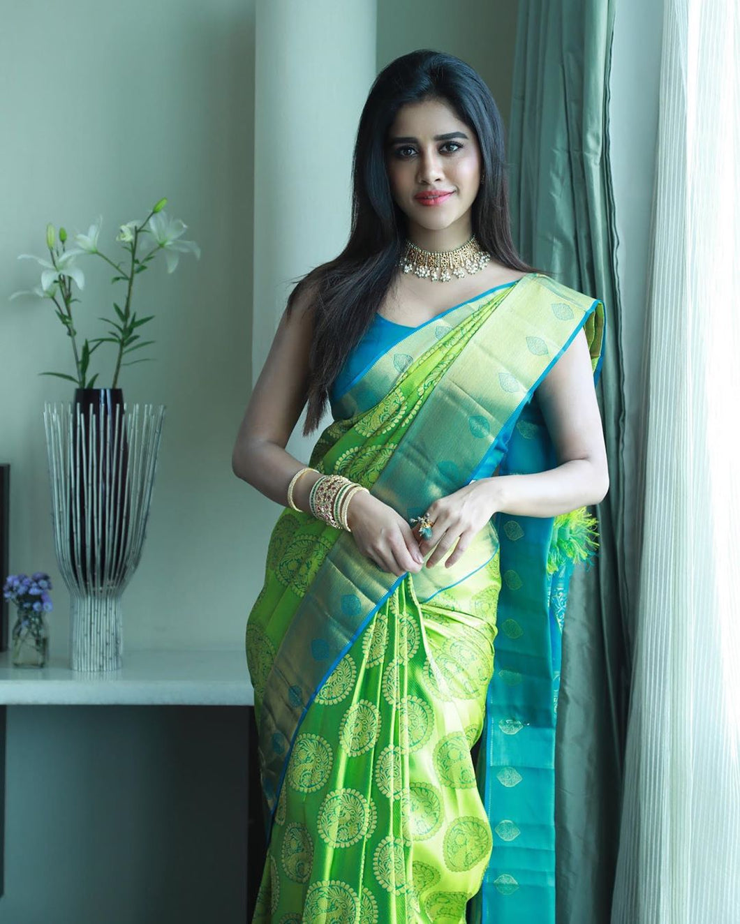 Kala Niketan Jolly Green Soft Silk Saree With Attached Blouse