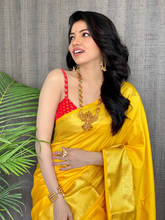 Load image into Gallery viewer, Kala Niketan Yellow Smooth Silk Saree With Golden Zari Border
