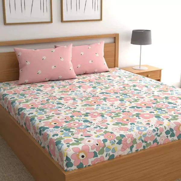 White Floral Cotton Blend Elastic Fitted King Bedsheet