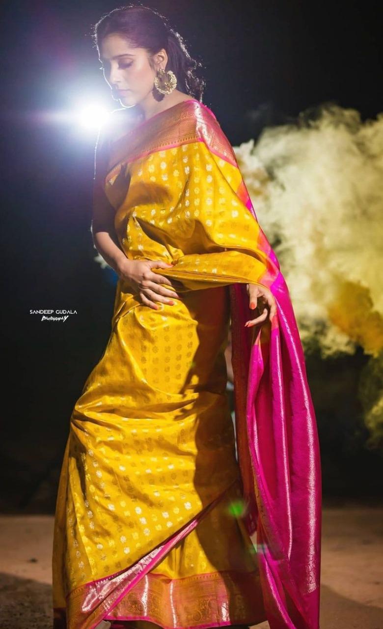 Kala Niketan Yellow Traditional Kanchi Soft Silk Sari With Attached Blouse