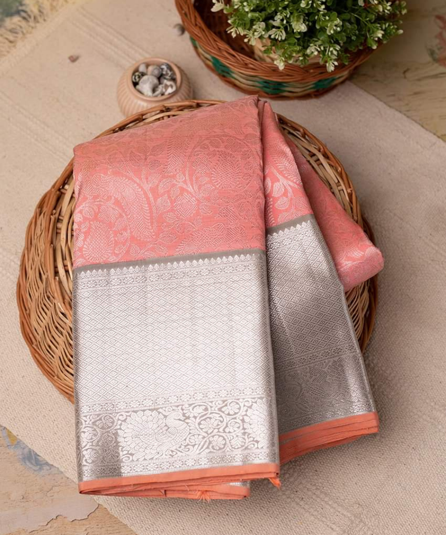 Kala Niketan Peach Archaic Traditional Kanchi Soft Silk Sari With Attached Blouse