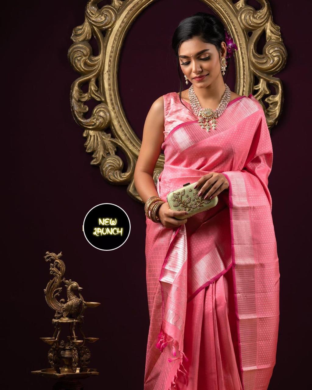 Traditional Pink Kanchi Soft Silk Sari With Attached Blouse