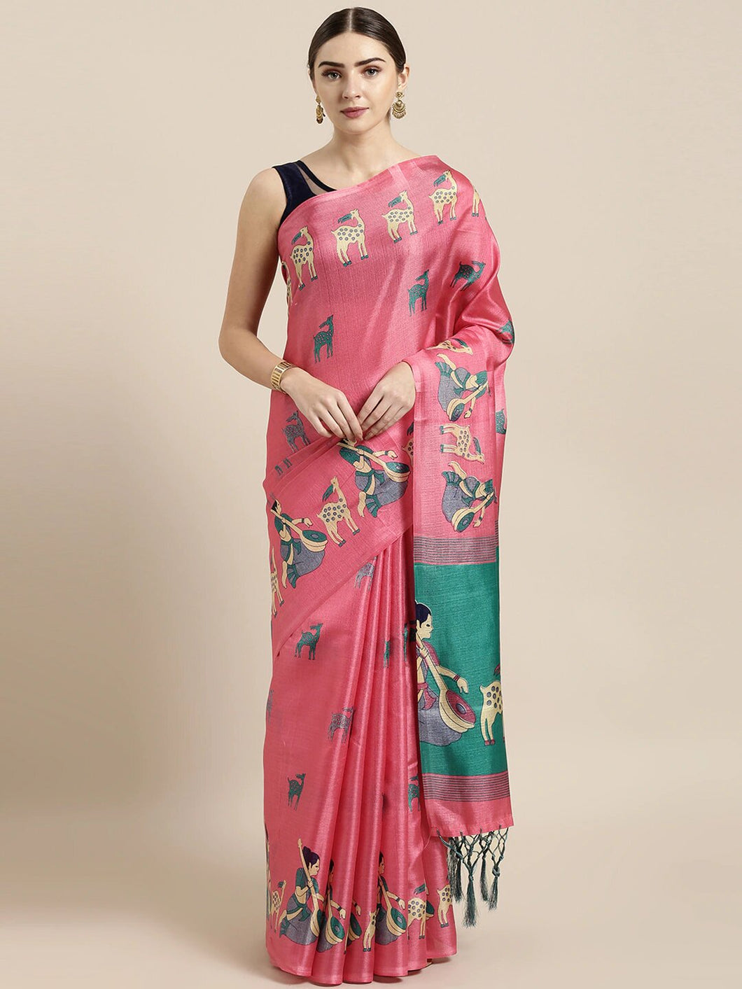 Kala Niketan Pink Silk Blend Printed Khadi Saree