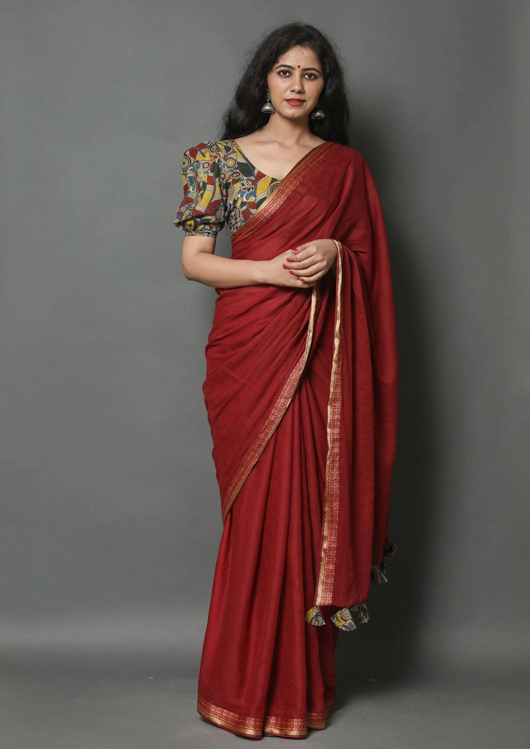 Plain cotton saree with border and designer blouse clearance