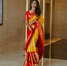 Load image into Gallery viewer, Kala Niketan Amora Yellow Archaic Traditional kanchi Soft Silk Sari With Attached Blouse
