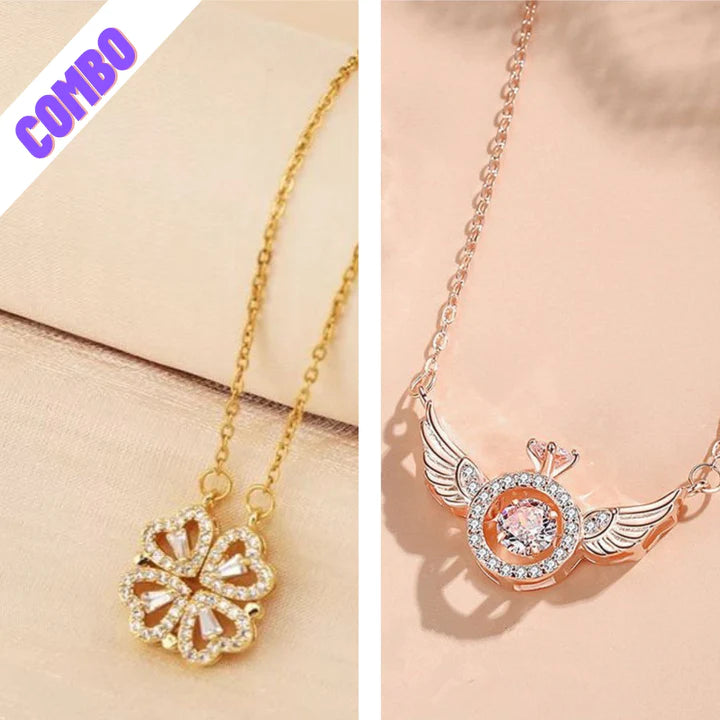 2 in 1 Magnetic Heart Necklace + Angel Wings Spinning Necklace ( Combo of 2 ) ( Colour - Rose Gold )