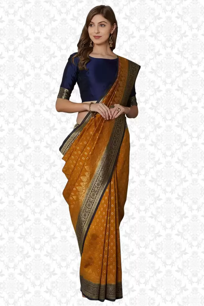 Kala Niketan Apricot Orange Silk Woven saree with contrast brocade Border