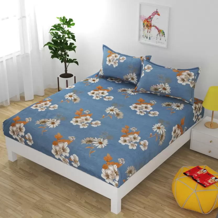 Premium Elastic Fitted Double Bedsheet with 2 Pillow Covers