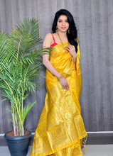 Load image into Gallery viewer, Kala Niketan Yellow Smooth Silk Saree With Golden Zari Border
