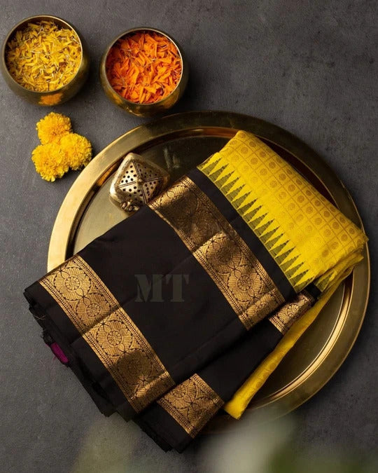 Kala Niketan Yellow-Black Pure Soft Kanchi Silk Saree With Attached Blouse