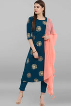 Load image into Gallery viewer, Womens Turquoise Blue Poly Crepe Kurta With Pant And Dupatta (Size Availabale From S To 6XL)
