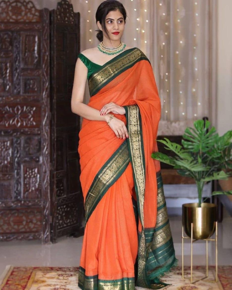 Kala Niketan Orange Lichi Silk with Weaving and Nice Extra Ordinary Latest Saree