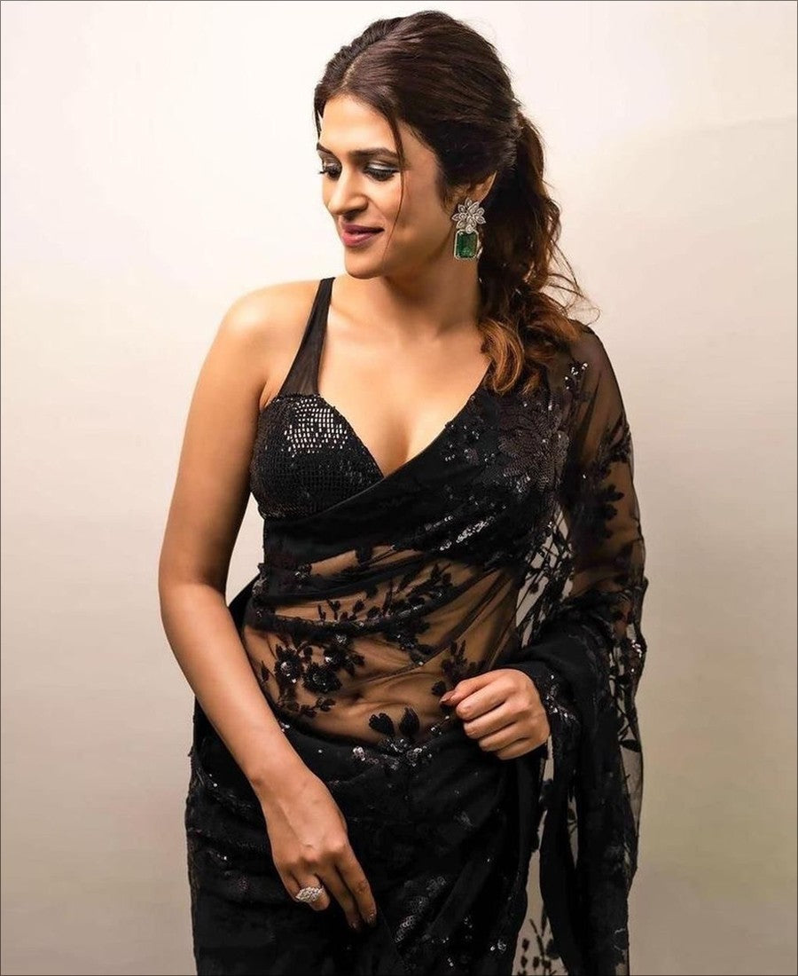 Shraddha Das Bollywood Saree in Black Georgette Fabric With Sequence Blouse